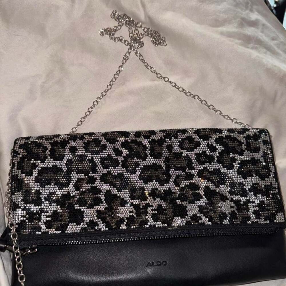 ALDO Rhinestone Leopard Foldover Clutch Silver Chain Bag